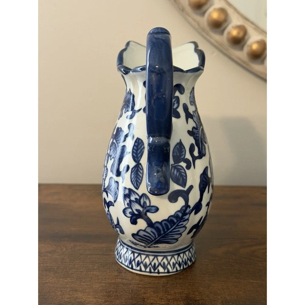 The Bombay Company Blue White Porcelain Chinoiserie Floral Pitcher Ewer 9